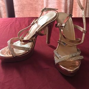 Metallic pink strappy heels rhinestones size 5.5